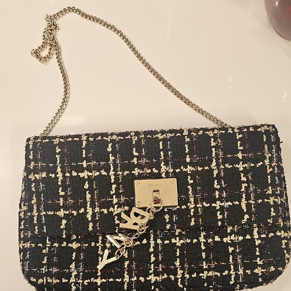 DKNY Black and Gold Tweed Clutch
